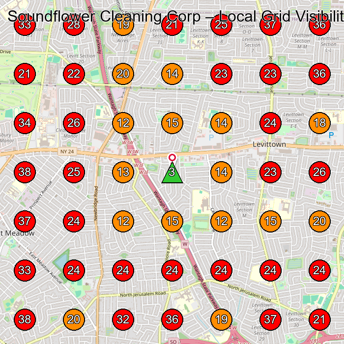 Soundflower Cleaning Corp GeoGrid visibility map for Commercial Cleaning Service in Bethpage